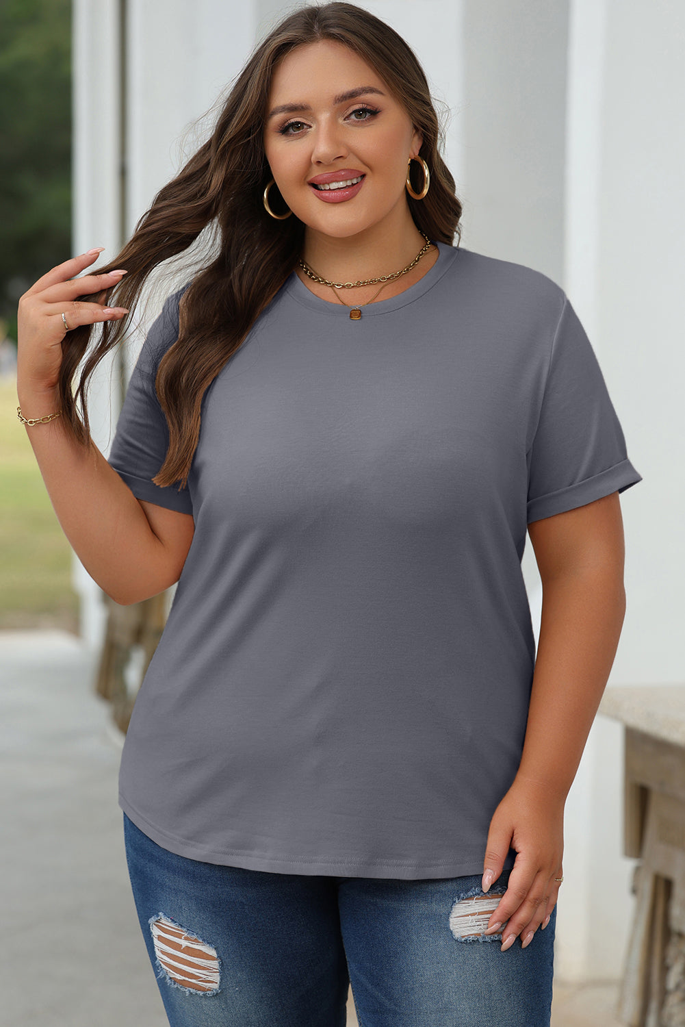 Gray Casual Plain Crew Neck Tee