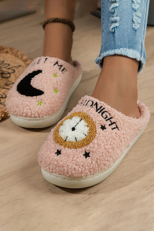 Moon & Clock Pattern Fuzzy Home Slippers