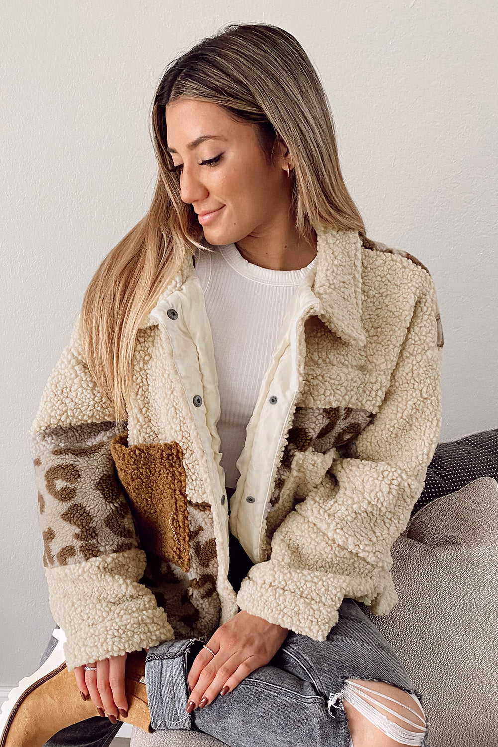 Leopard Patchwork Snap Buttons Sherpa Jacket