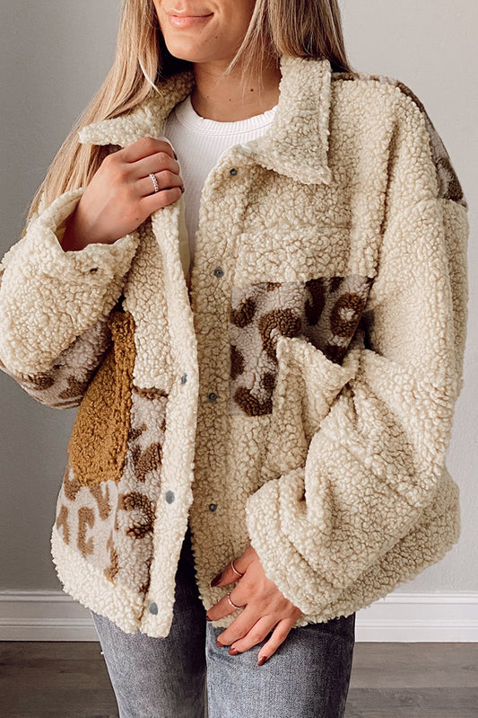 Leopard Patchwork Snap Buttons Sherpa Jacket