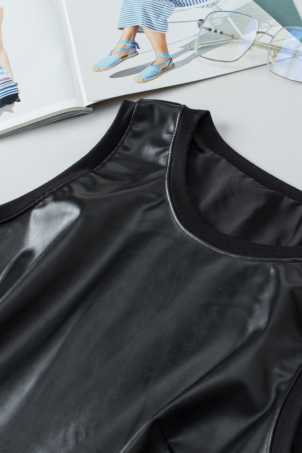 Faux Leather Crew Neck Tank Top