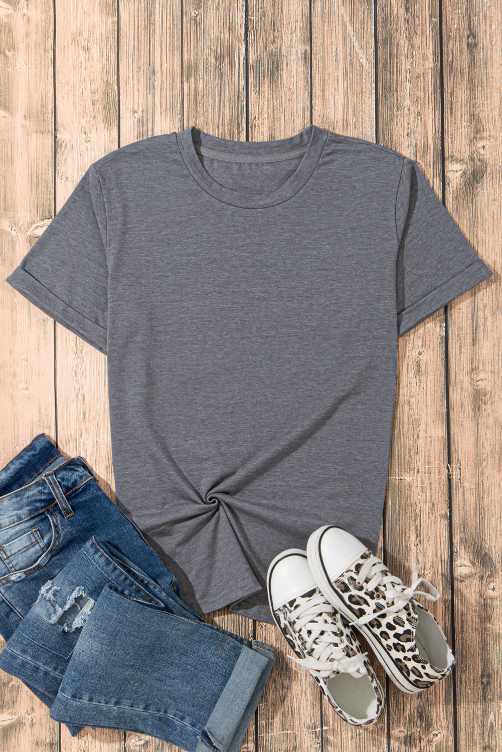 Gray Casual Plain Crew Neck Tee