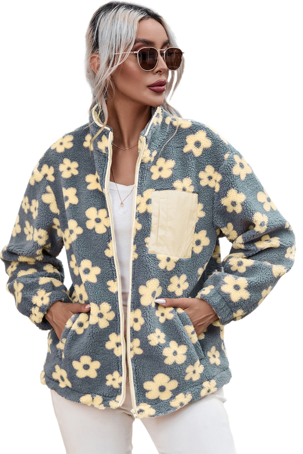 Sherpa Flower Graphic Stand Neck Zip-Up Jacket