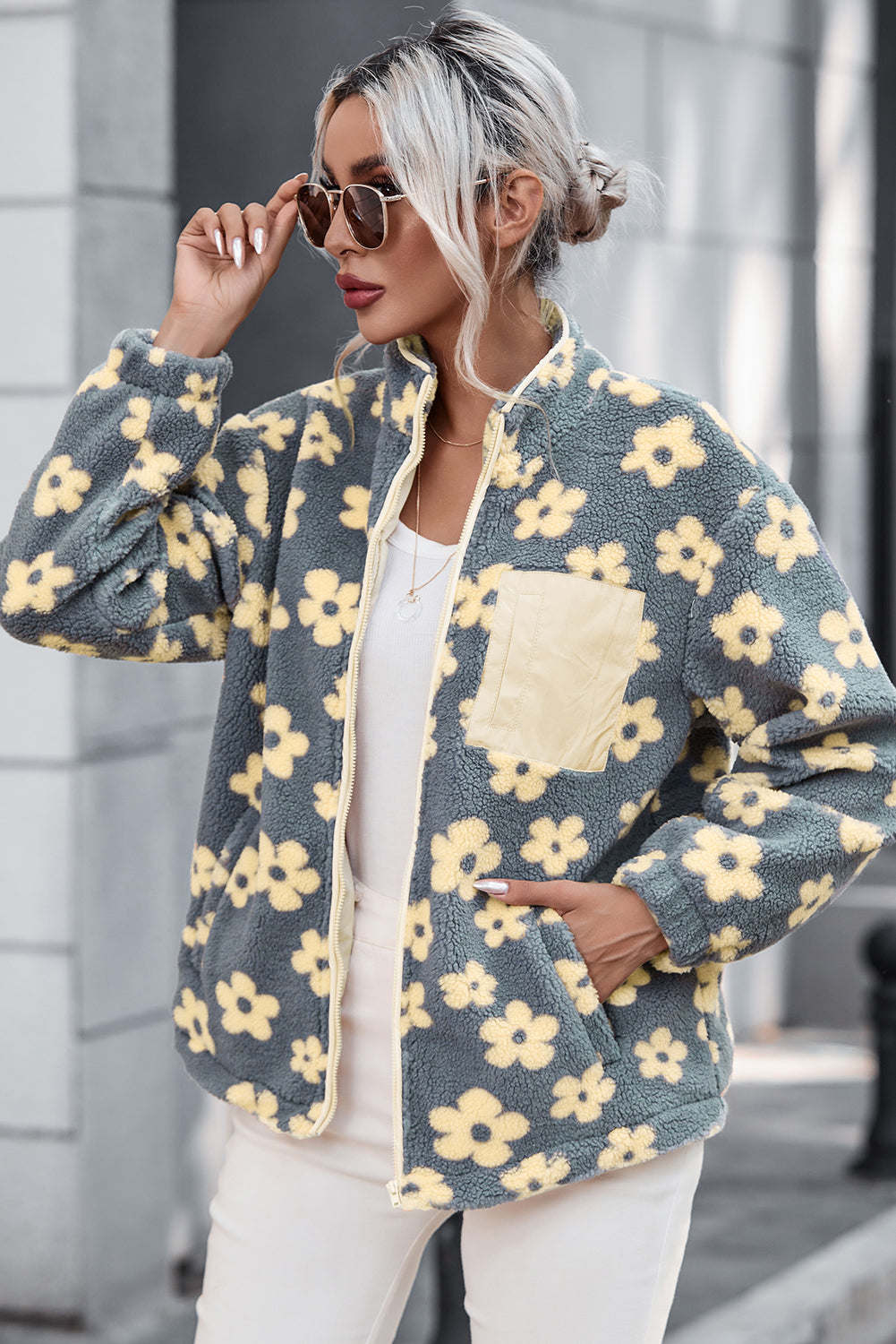 Sherpa Flower Graphic Stand Neck Zip-Up Jacket