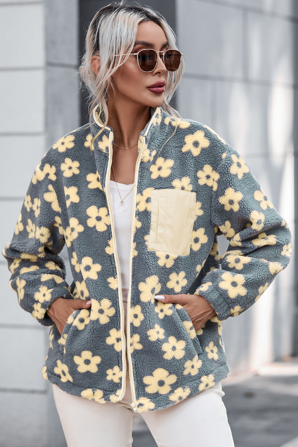 Sherpa Flower Graphic Stand Neck Zip-Up Jacket