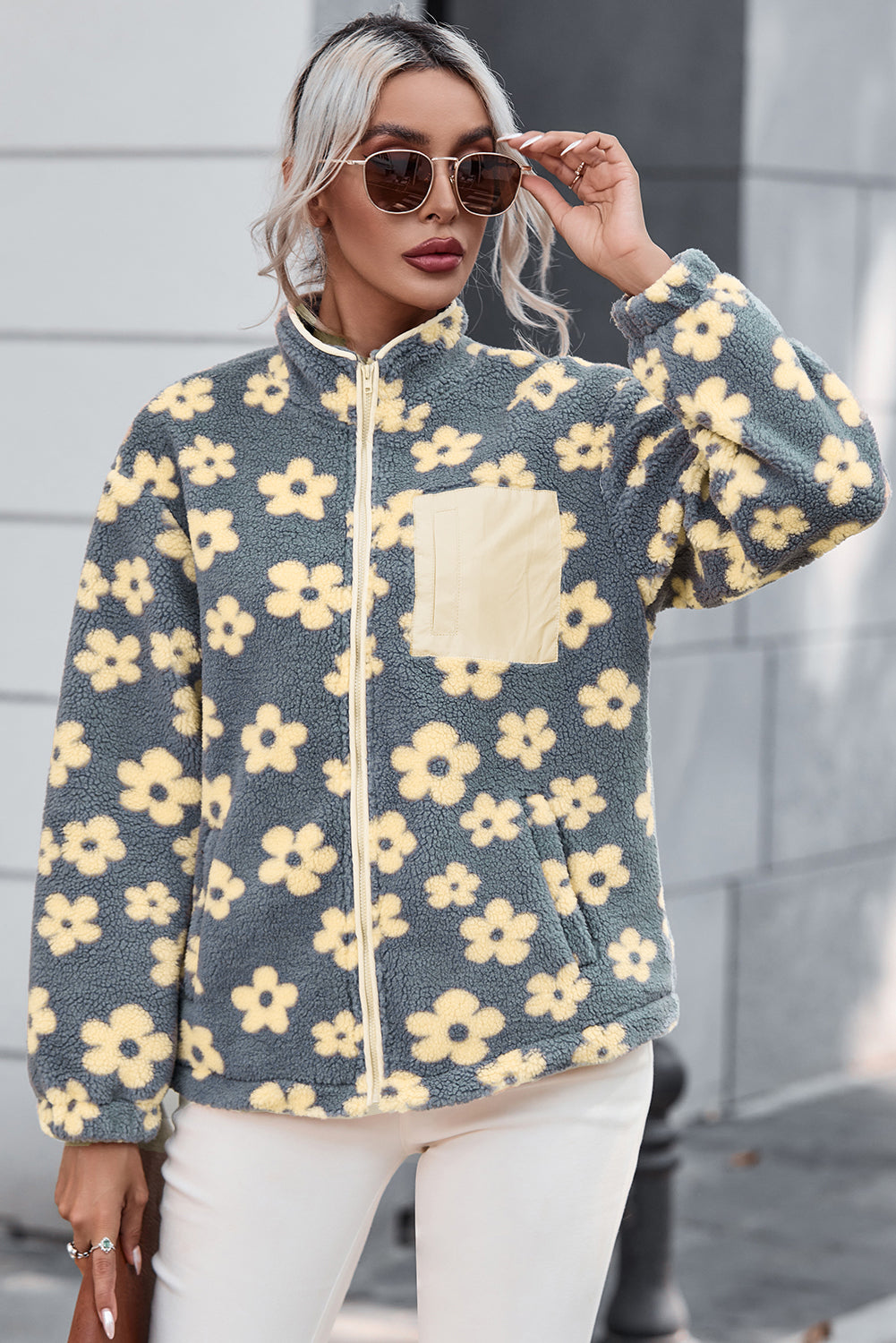 Sherpa Flower Graphic Stand Neck Zip-Up Jacket