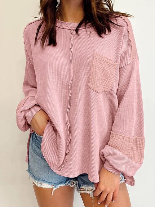 Waffle-Knit Lantern Sleeve Blouse