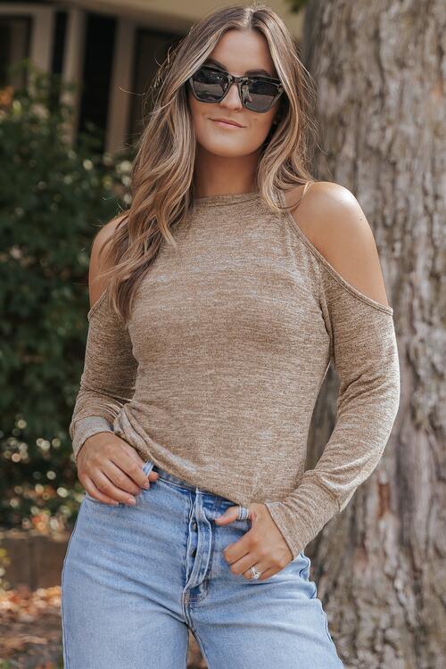 Heathered Round Neck Cold Shoulder Shirt