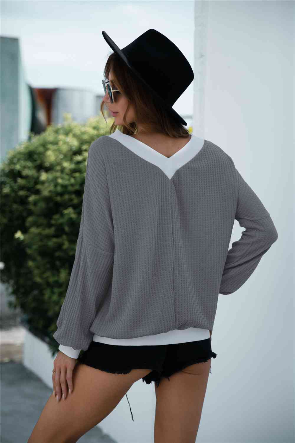 Off-Shoulder Waffle-Knit Blouse