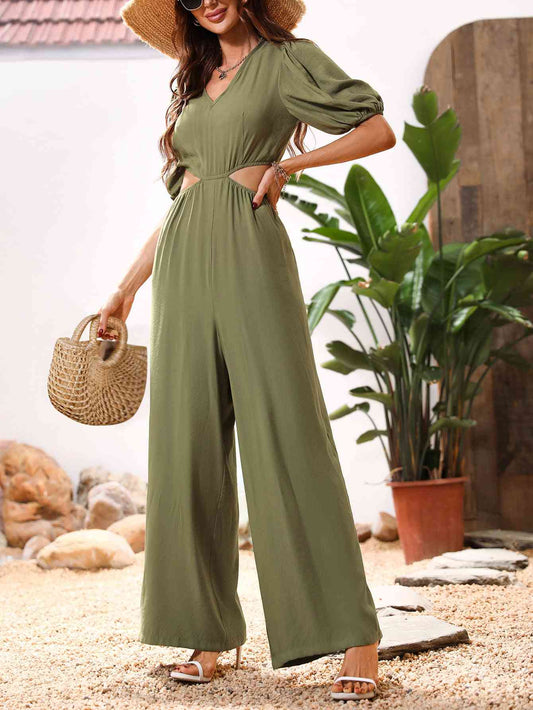 Cutout V-Neck Balloon Sleeve Jumpsuit