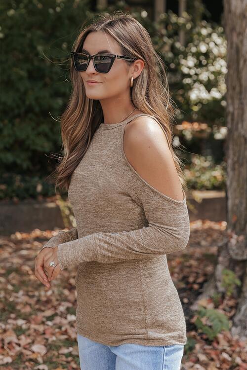 Heathered Round Neck Cold Shoulder Shirt