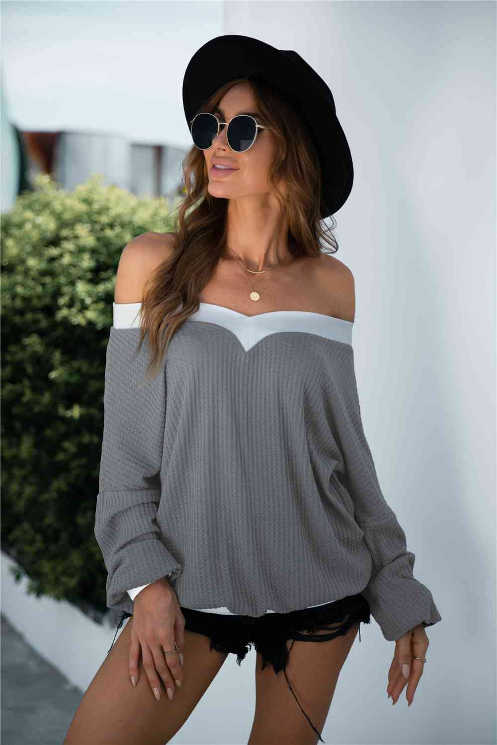 Off-Shoulder Waffle-Knit Blouse