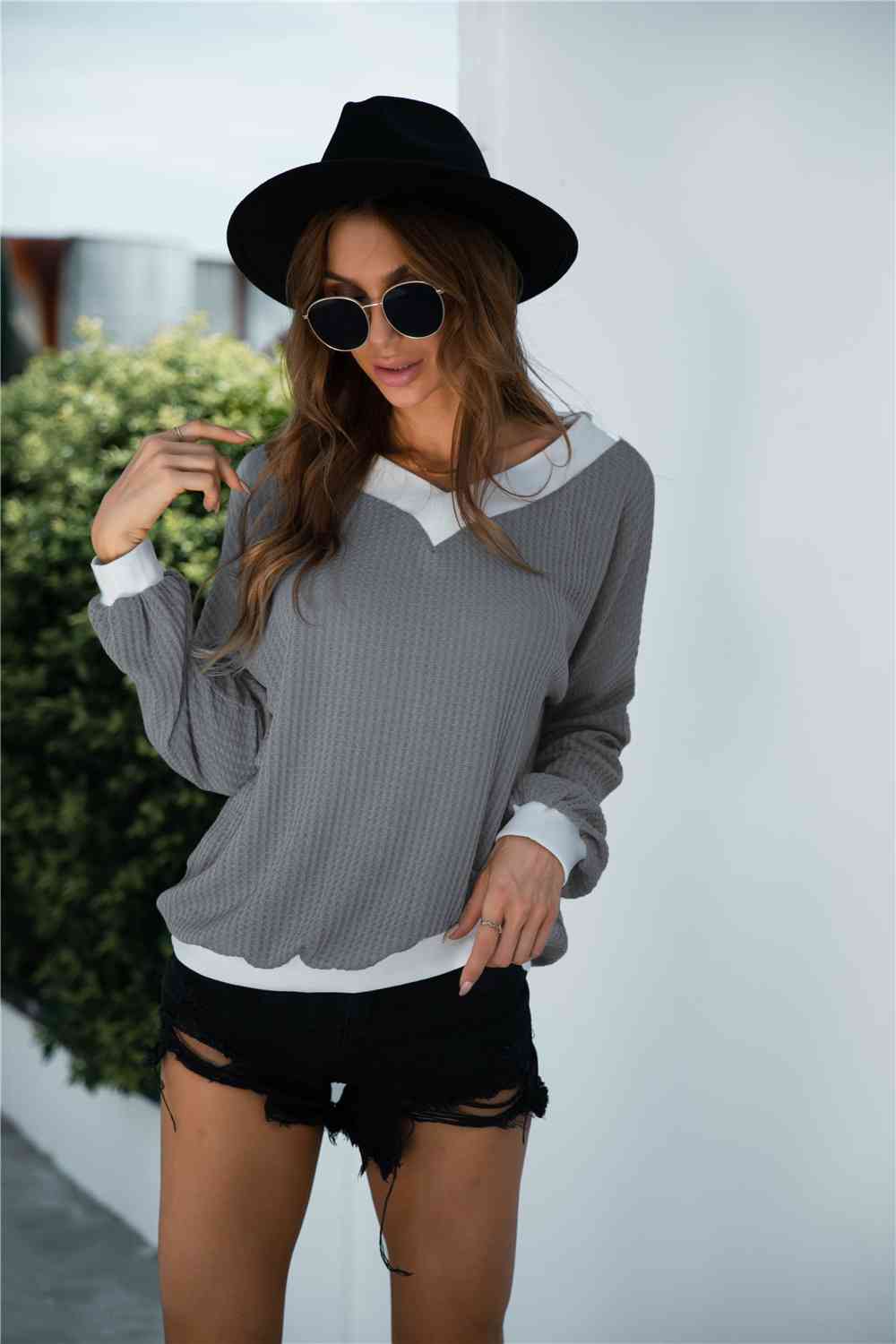 Off-Shoulder Waffle-Knit Blouse